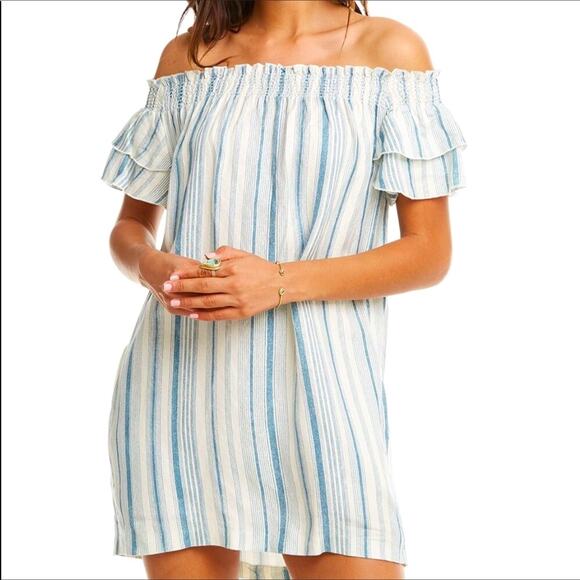 Chaser White & Blue Strips Beachy Linen Off Shoulder Flouncy Mini Dress Sz M - Picture 1 of 16